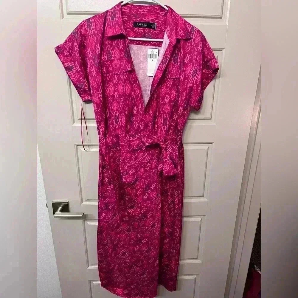 Lauren Ralph Lauren‎ Womens Pink Collar Side Tie Daytime Shirtdress NWT